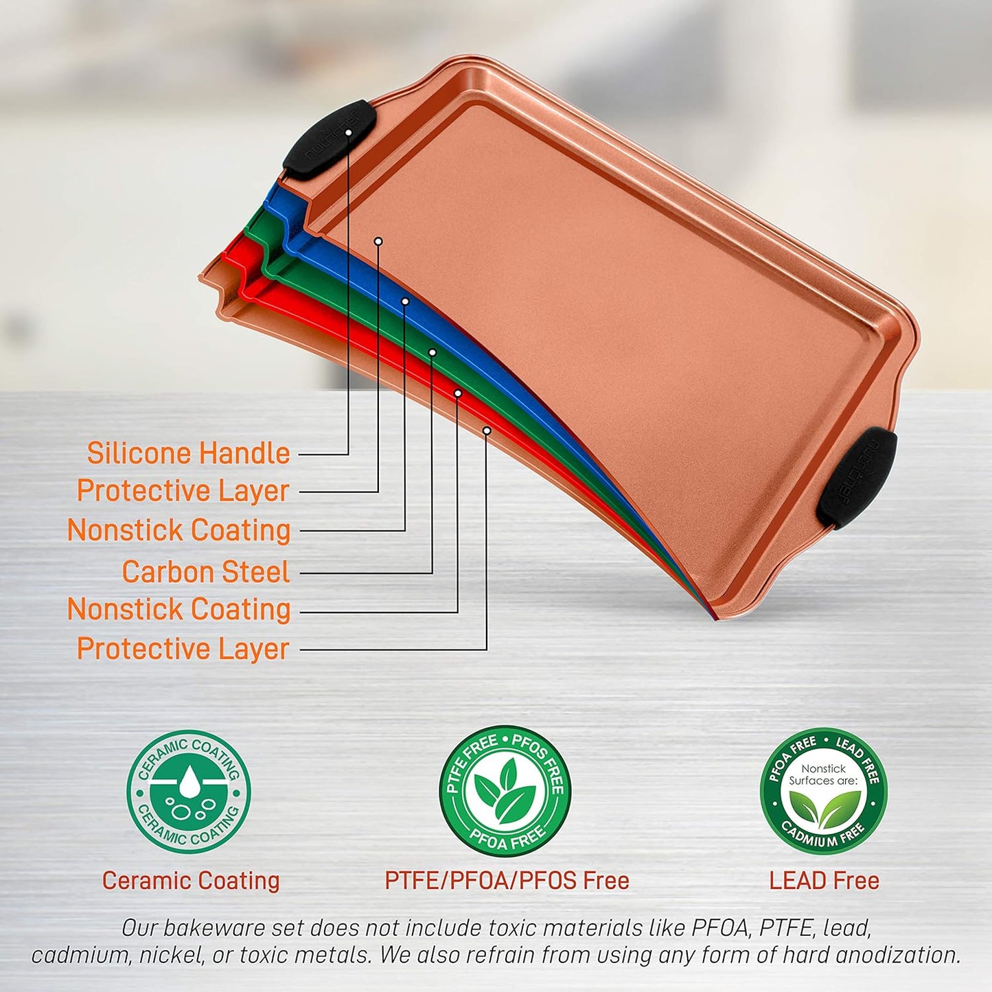 NutriChef 5-Piece Bakeware Set – Premium Non-Stick, Stackable Kitchen Baking Pans with Silicone Handles – Includes 3 Cookie Sheets, Baking Pan & Lid – Perfect for Cakes, Cookies & Brownies