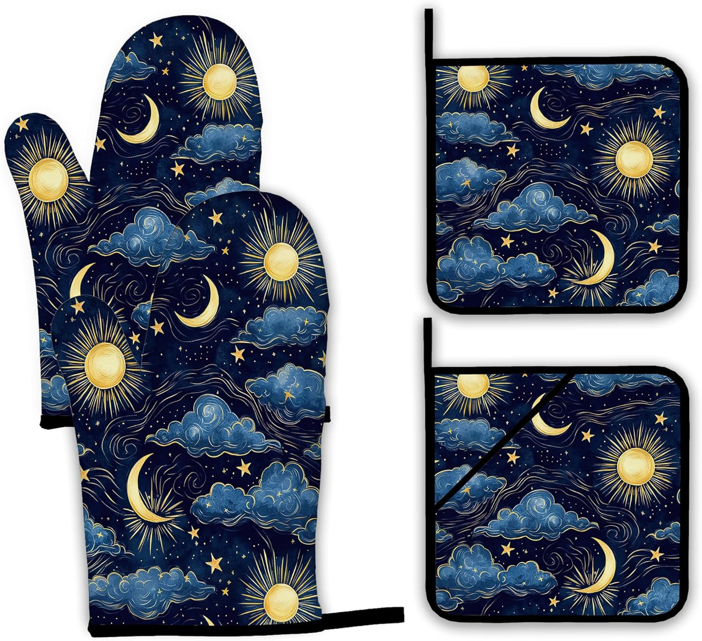 Starry Night Oven Mitts and Pot Holders Set,Sun Moon Kitchen Oven Gloves and Pot Holder with Heat Resistant Non Slip for Cooking Baking Grilling(4 Piece Set)