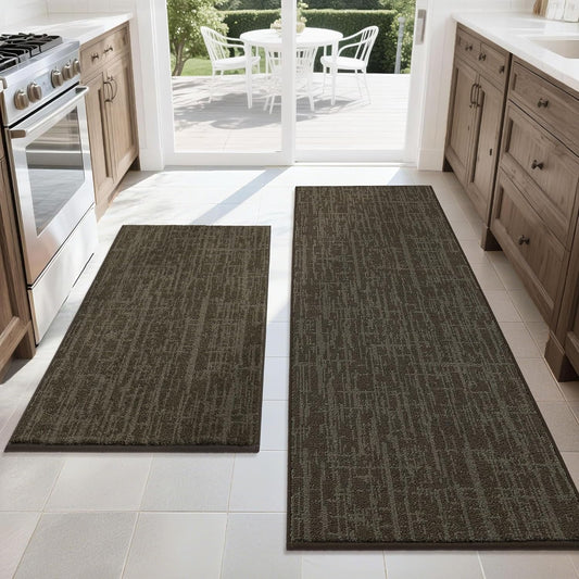 COSY HOMEER Kitchen Rugs Non Slip Washable 24"x36"+24"x60" Absorbent Soft Kitchen Mats for Floor Polyester Kitchen Runner Rug Sets of 2 Kitchen Floor Mats for Sink Mat,Hallway,Laundry,Brown