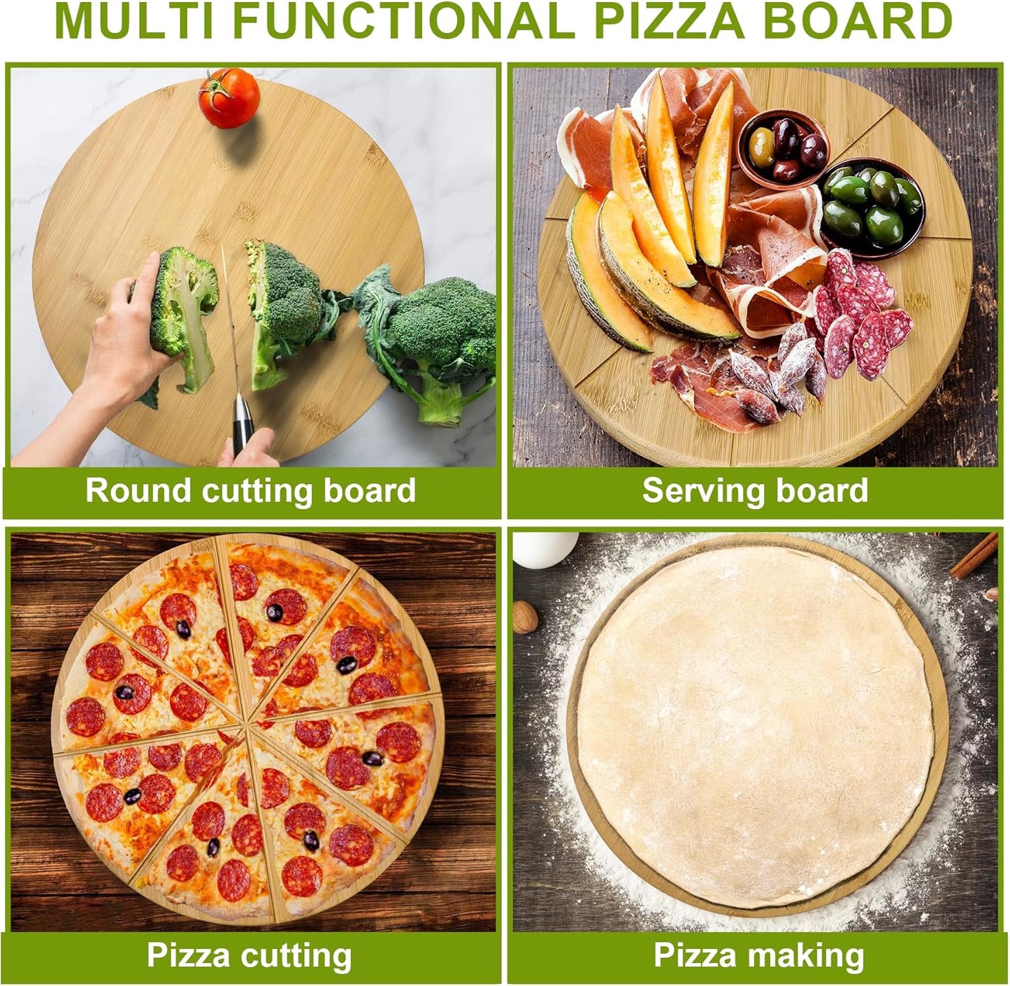 16"Double Sided Round Cutting Boards Large Pizza Cutting Board Pizza Server Bamboo Wooden 16inch Pizza Tray Cheese Platter Pizza Oven Accessories Kitchen Gifts Pizza Prep Board with Cutting Grooves