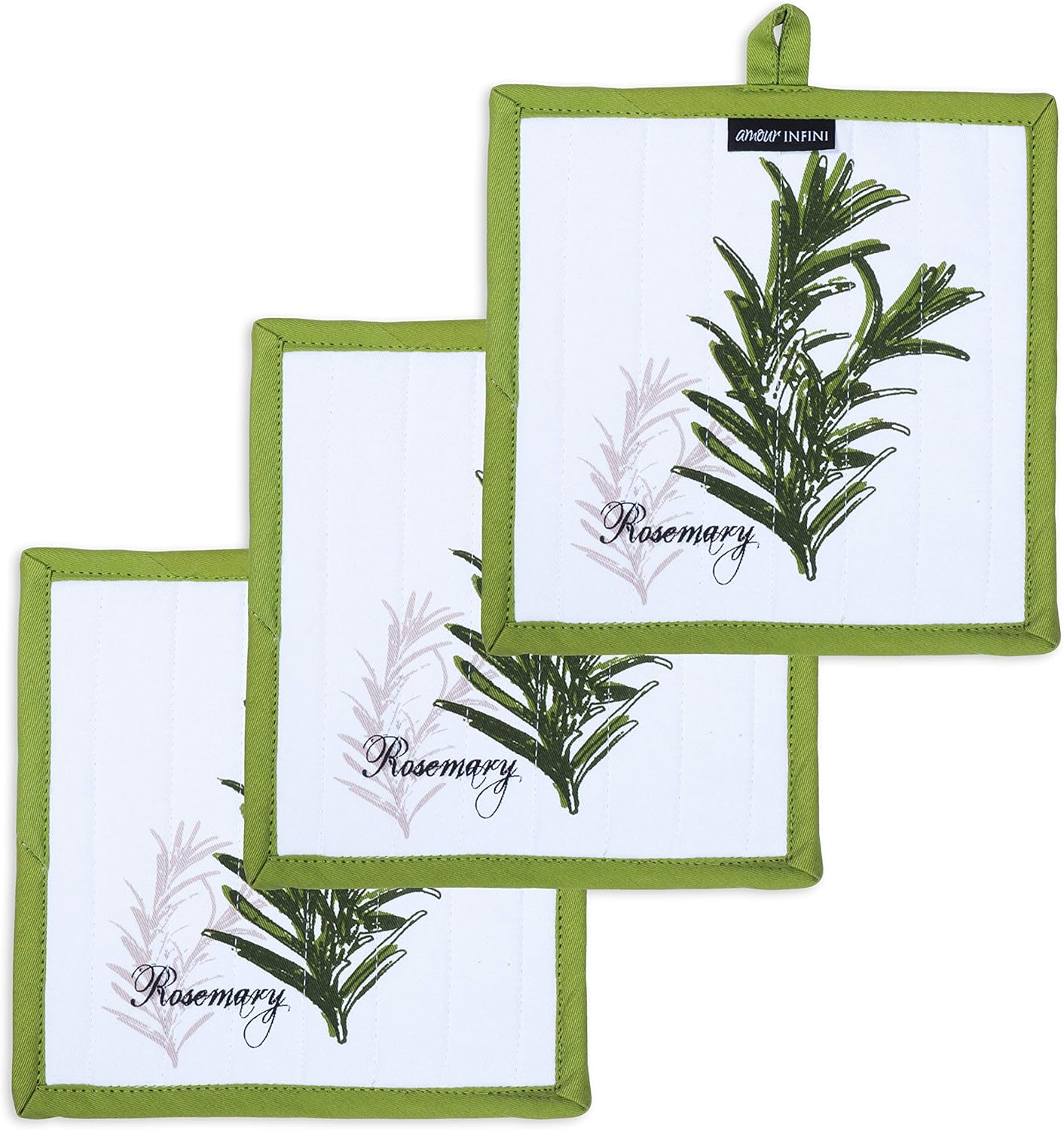 AMOUR INFINI Pot Holders Heat Resistant Cotton Set of 3 Nonslip 8"x8" Inch Hot Pads for Kitchen, BBQ, Baking & Cooking with Hanging Loops (Herb Garden)