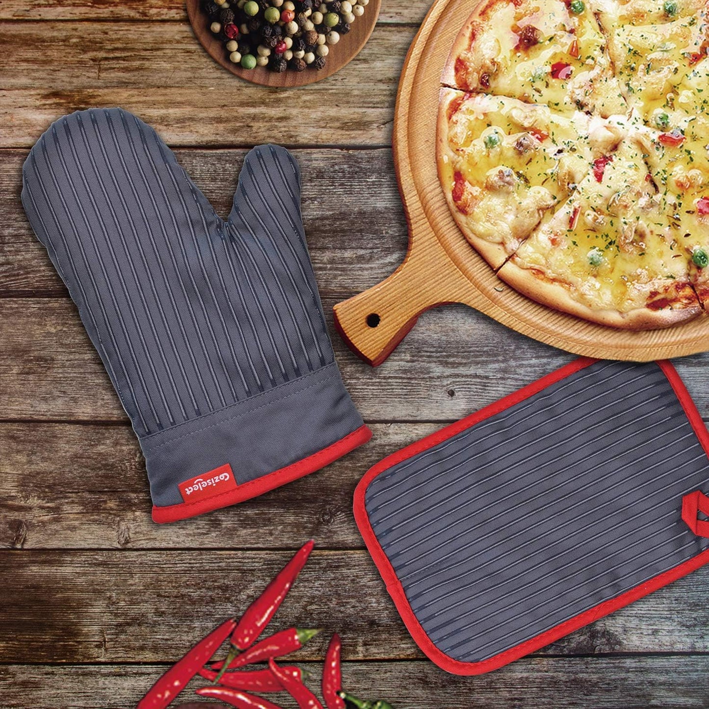 Oven Mitts and Pot Holders Set, Hot Pads for Kitchen Cooking Grill, 500℉ Heat Resistant Oven Mit, Pure Cotton and Terrycloth Lining, Heavy Duty Thick Oven Gloves Grey, 4-Piece Set