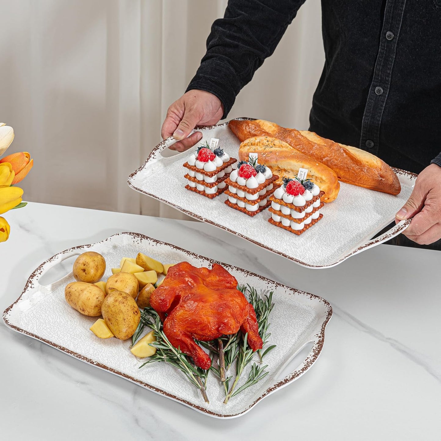 LEHAHA Vintage White Large Serving Tray with Handles, 17.25x12 inch, Set of 2 Melamine Platters for Serving Food, Turkey, Cookie, Rectangular Trays for Eating, Crackled Finish with Rustic Raised Rim.