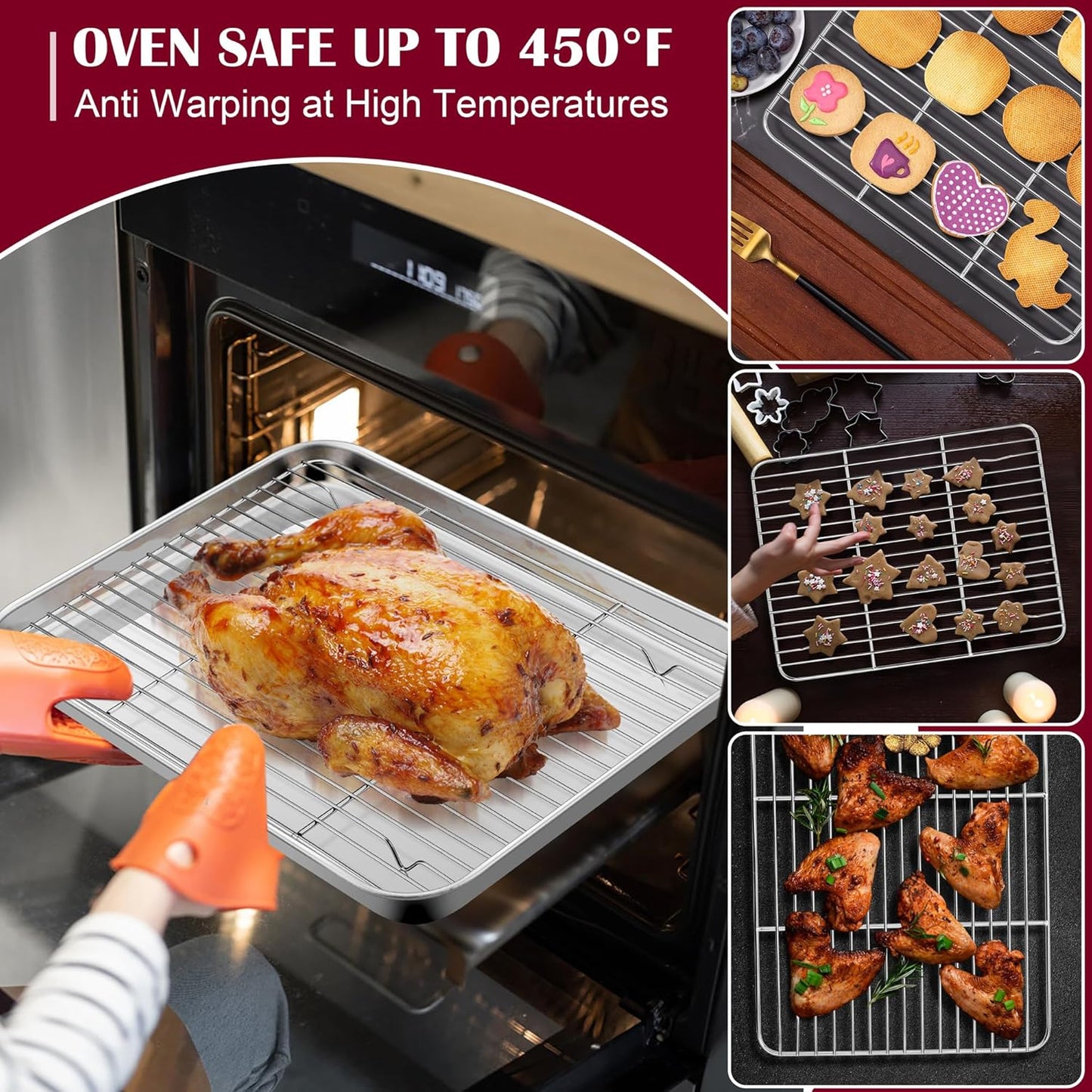 E-far Baking Sheet with Wire Rack (2 Pans + 2 Racks), Stainless Steel Cookie Sheets Pan & Cooling Rack for Baking Cookies/Jelly Rolls, Non Toxic & Heavy Duty, Oven & Dishwasher Safe, 16 x 12 x 1 Inch