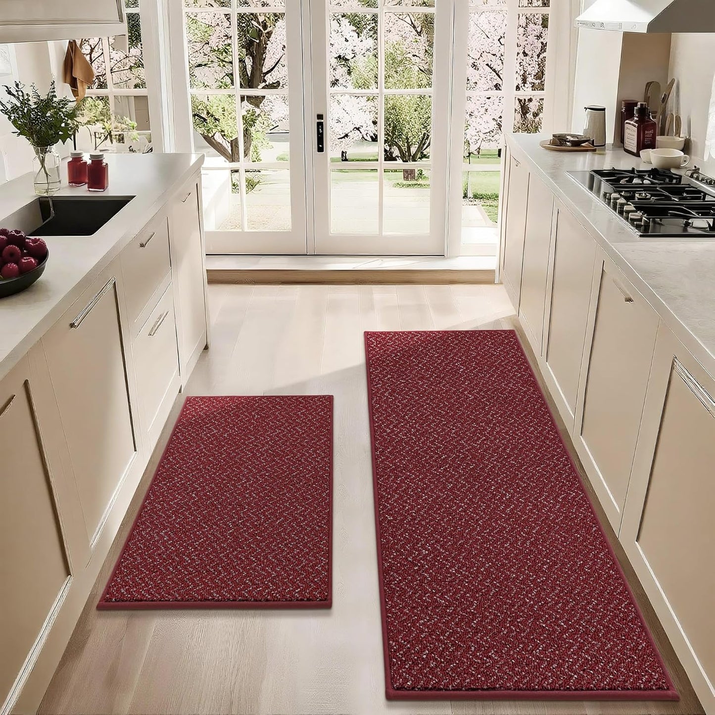 COSY HOMEER Kitchen Rugs Non Slip Washable 24"x36"+24"x60" Absorbent Kitchen Mats for Floor Stain Resistant Kitchen Runner Rug Sets of 2 Kitchen Floor Mats for Sink,Red