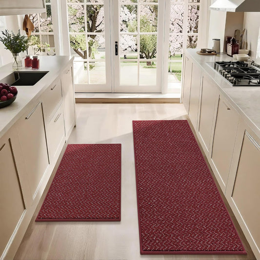 COSY HOMEER Kitchen Rugs Non Slip Washable 24"x36"+24"x60" Absorbent Kitchen Mats for Floor Stain Resistant Kitchen Runner Rug Sets of 2 Kitchen Floor Mats for Sink,Red