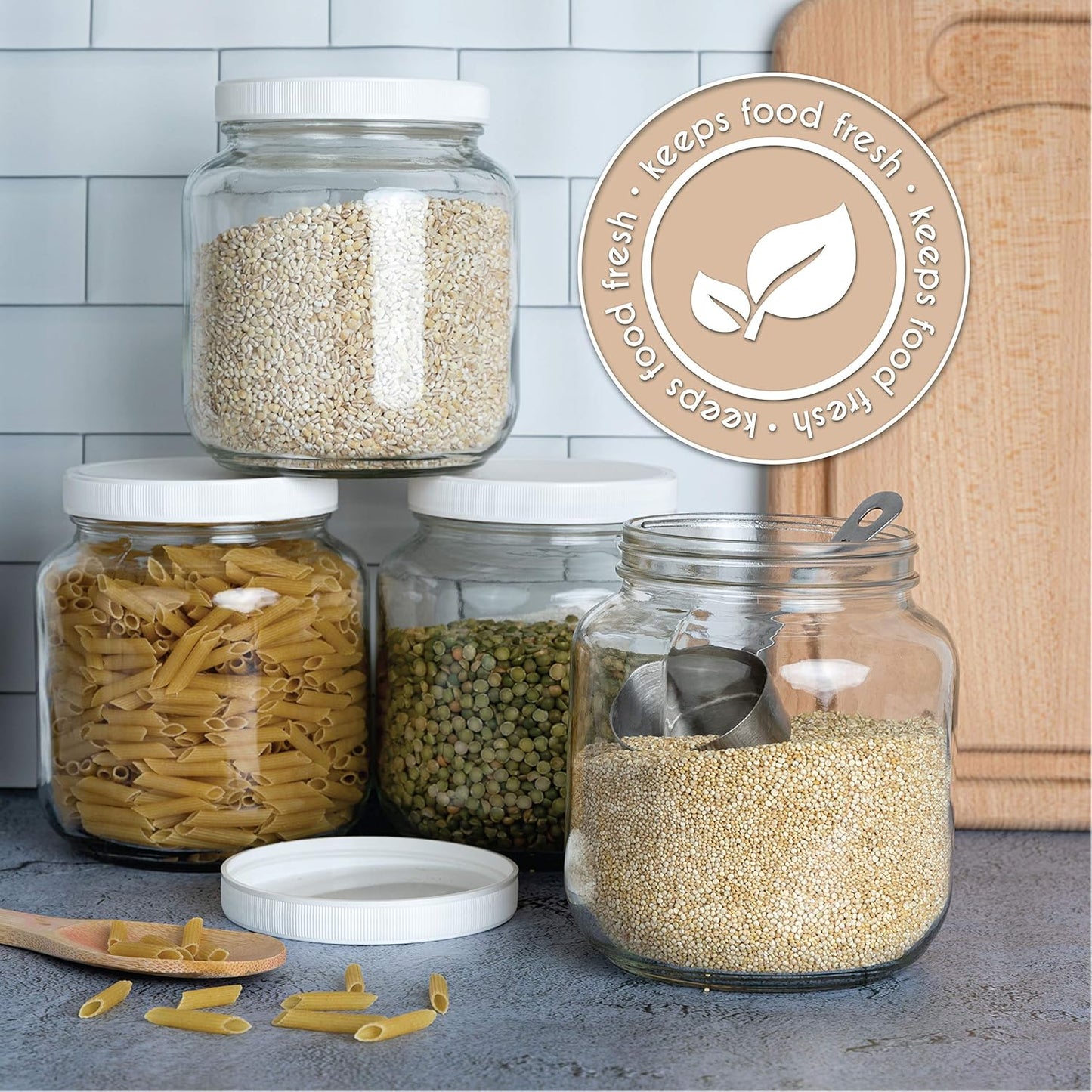 kitchentoolz Half Gallon Mason Jar 64oz – 4 Pack Wide Mouth Glass Jars with Foam-Lined Plastic Lid – Airtight Storage for Kombucha, Pickling, Canning – Big Mason Jars