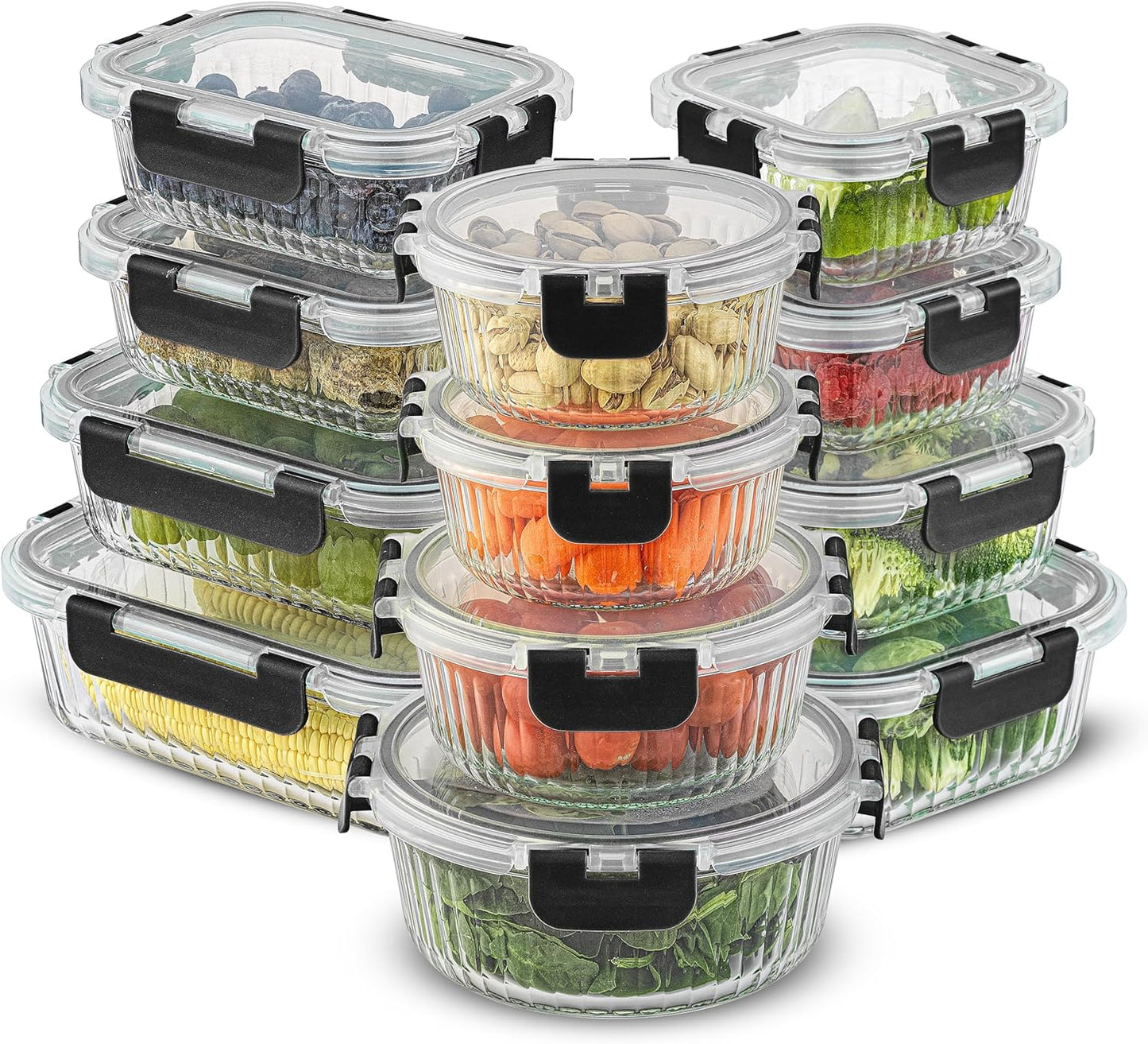 JoyJolt 24pc Borosilicate Glass Storage Containers with Lids | 12 Airtight/Freezer Safe Food Storage Containers for Pantry and Kitchen | Meal Prep Container for Lunch | Glass Tupperware Set