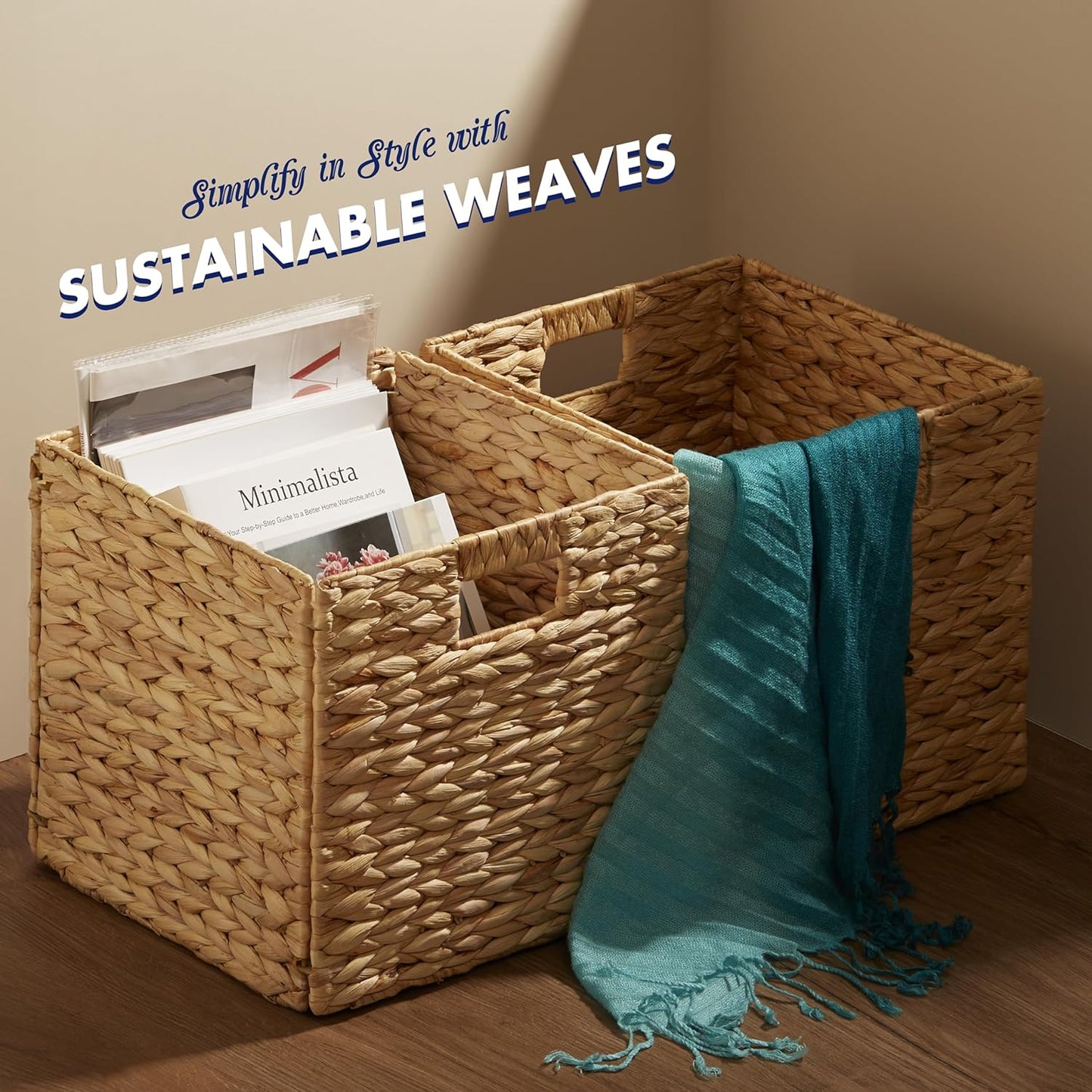 BLUEWEST Water Hyacinth Storage Basket (Set of 4) Woven Hyacinth Storage Basket, Laundry Water Hyacinth Bin for Organizing with Carrying Handles, Rattan for Shelves