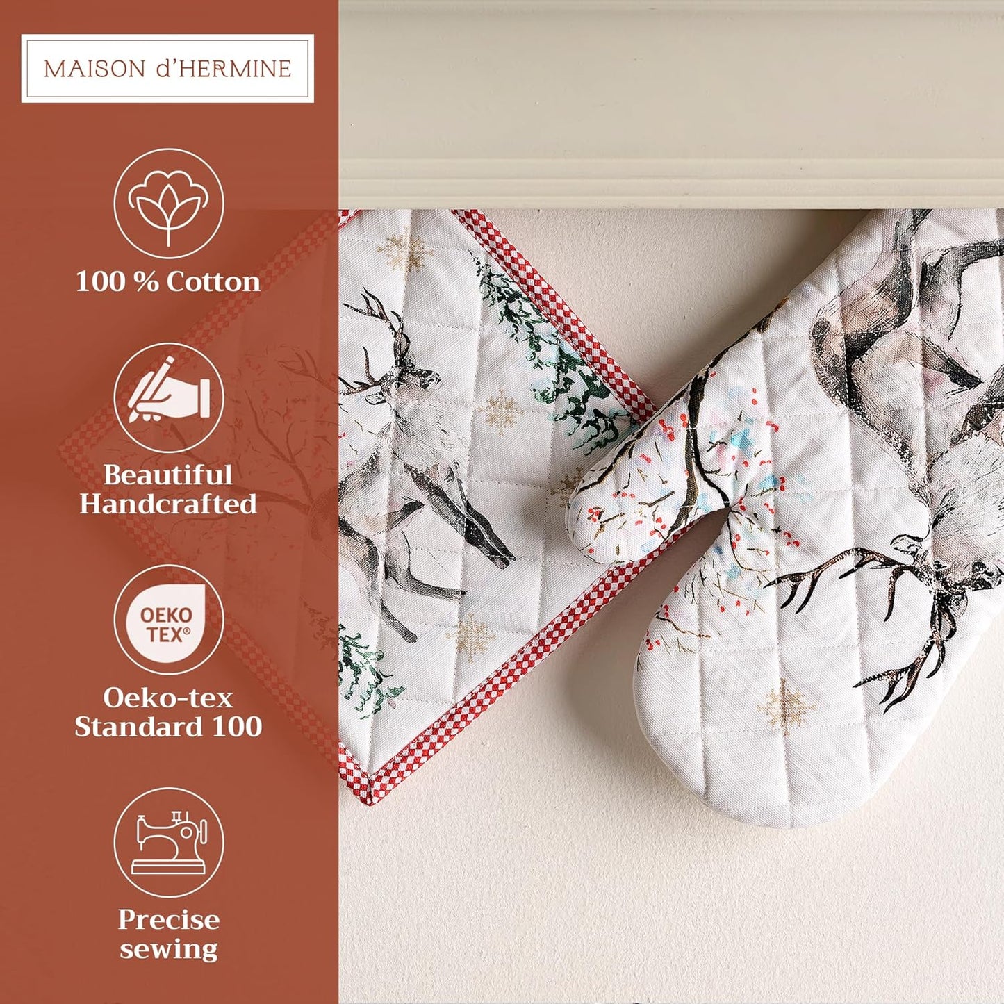 Maison d' Hermine 100% Cotton Oven Mitt & Pot Holder Set (7.5"x13" & 8"x8") Heat Resistant BBQ Cooking Gloves with Loop, Baking, Grilling, Kitchen, Handling Hot Pans (Rural Christmas)