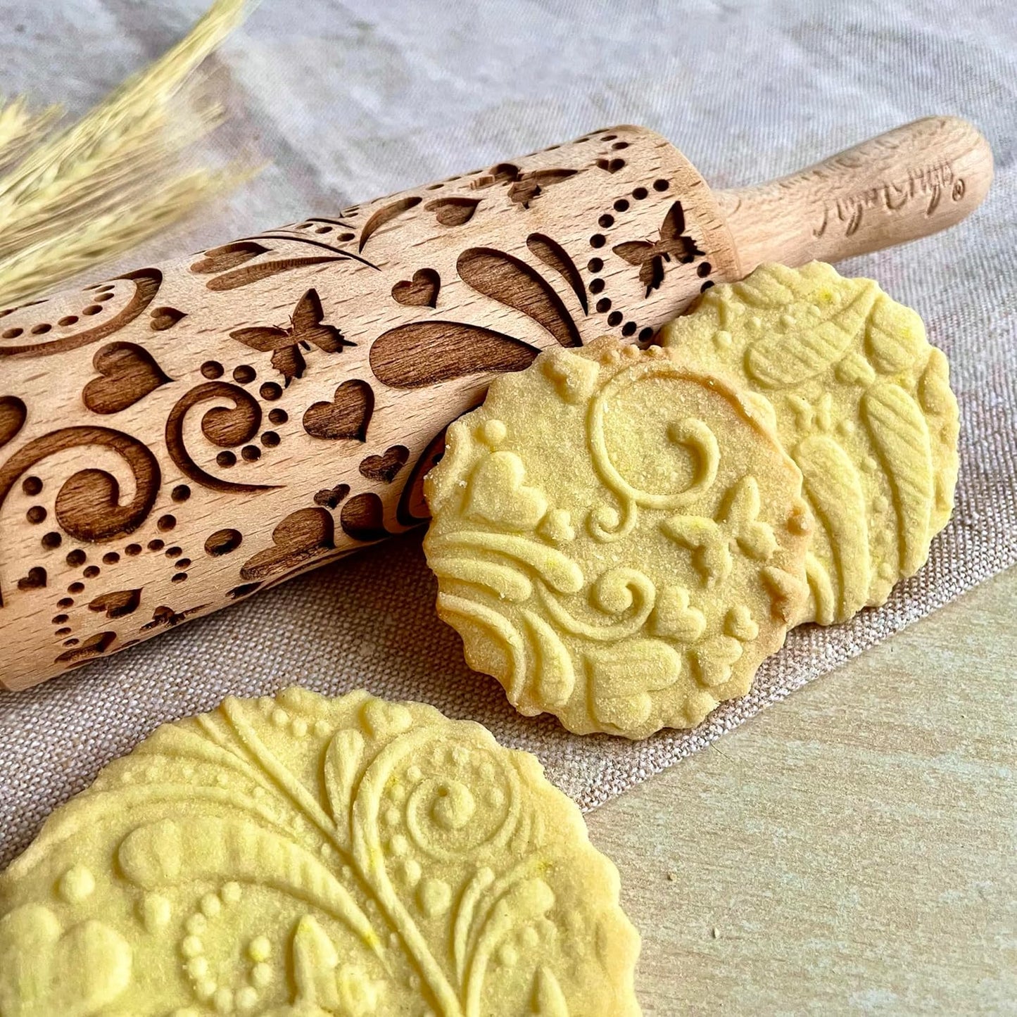 LOVELY DAY 3 KID Rolling Pin SET with HEART, PAISLEY and SPRING patterns. Wooden Laser Cut Mini embossing Rolling Pins for cookies, play dough, salt dough or clay by Algis Crafts
