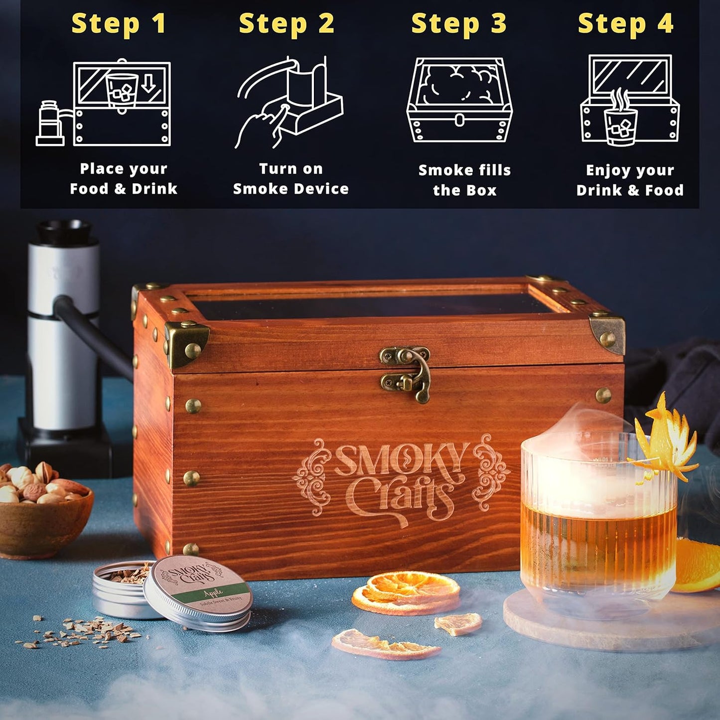 Old Fashioned Smoker Kit - Whiskey Smoker Kit with Smoking Gun, Cocktail Smoke Box, Food Tray and Wood Chips (Apple & Cherry) - Bourbon Gifts for Men (Torch Not Required)