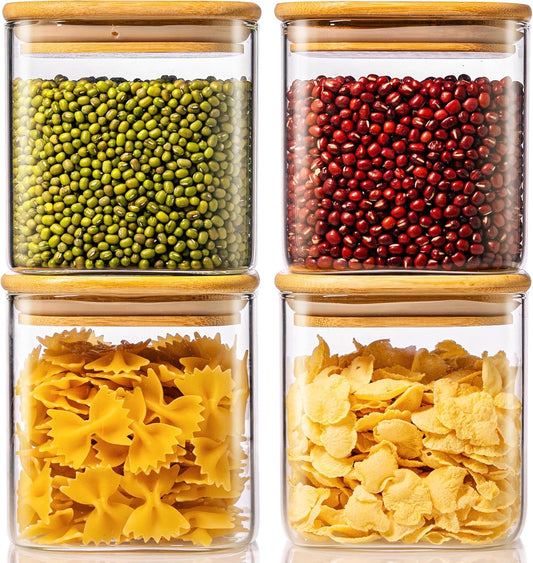 27oz - 4 Pack Square Glass Jars with Bamboo Lids, Glass Food Storage Containers with Airtight Lids for Kitchen, Air Tight Pantry Storage Containers for Cereal, Pasta, Rice, Sugar, Coffee, Spice