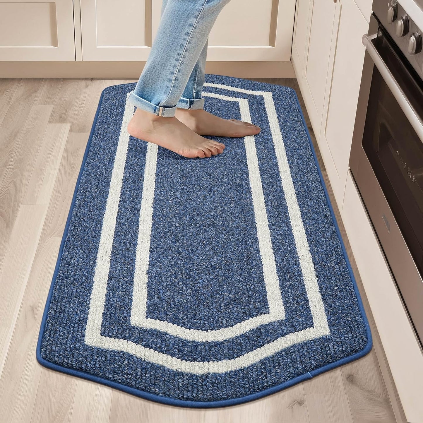 COSY HOMEER Long Kitchen Floor Mats for in Front of Sink Super Absorbent Kitchen Rugs and Mats 24"x48" Non-Skid Kitchen Mat Standing Mat Washable,Polypropylene,Blue,Frame