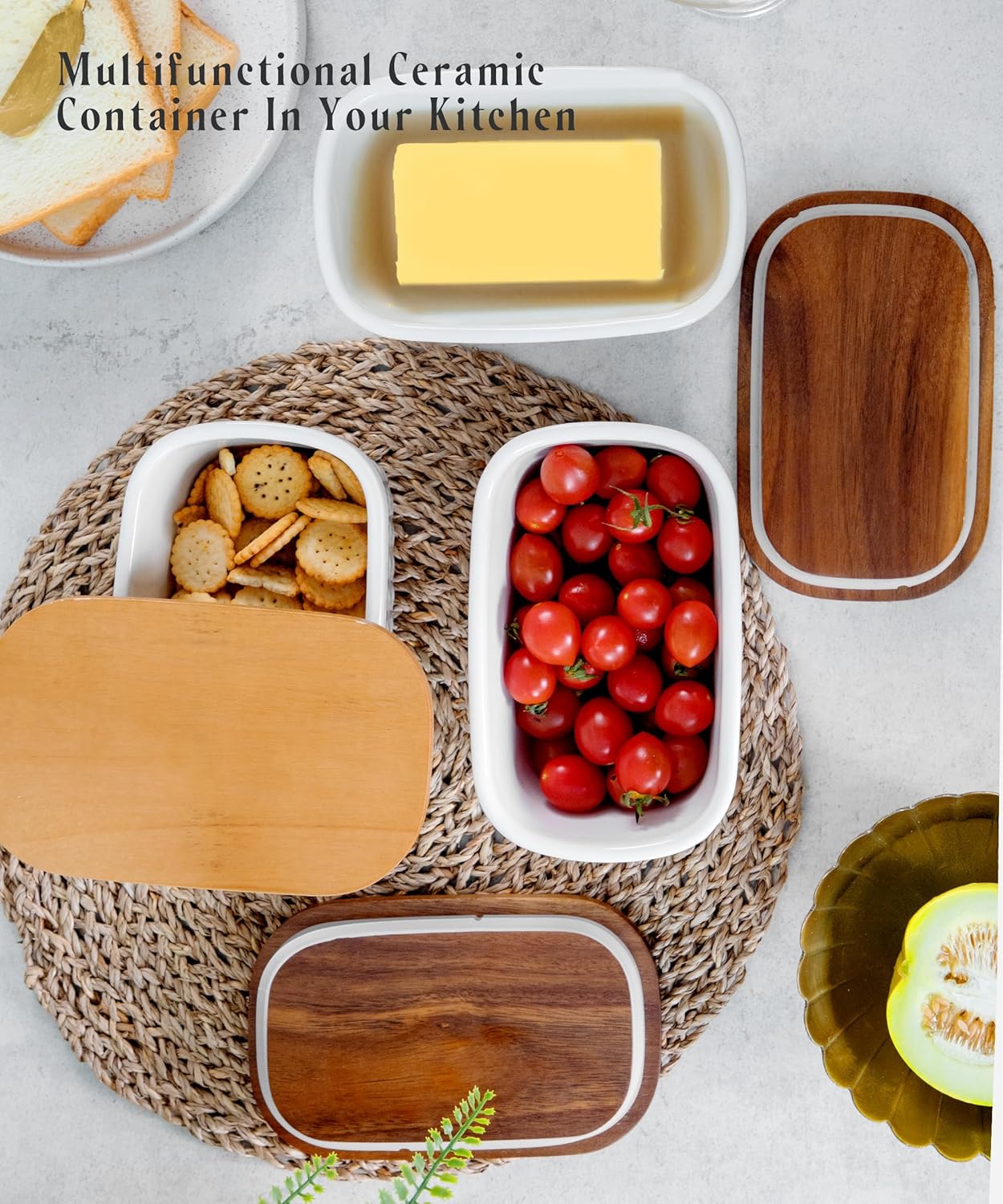 Nucookery Ceramic Butter Dish, Embossed Butter Keeper with Wood Lid for Countertop, Butter Holder and Container with Double Silicone Seal, Woven Pattern