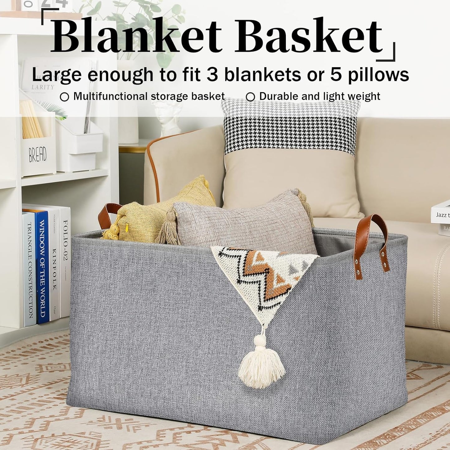 DULLEMELO Large Grey Storage Baskets 70L Oversized Dog Toy Bin Basket, Collapsible 22" X 15" X 13" Extra Large Fabric Baskets for Storage Clothes, Toys, Blankets Organizers (Grey)