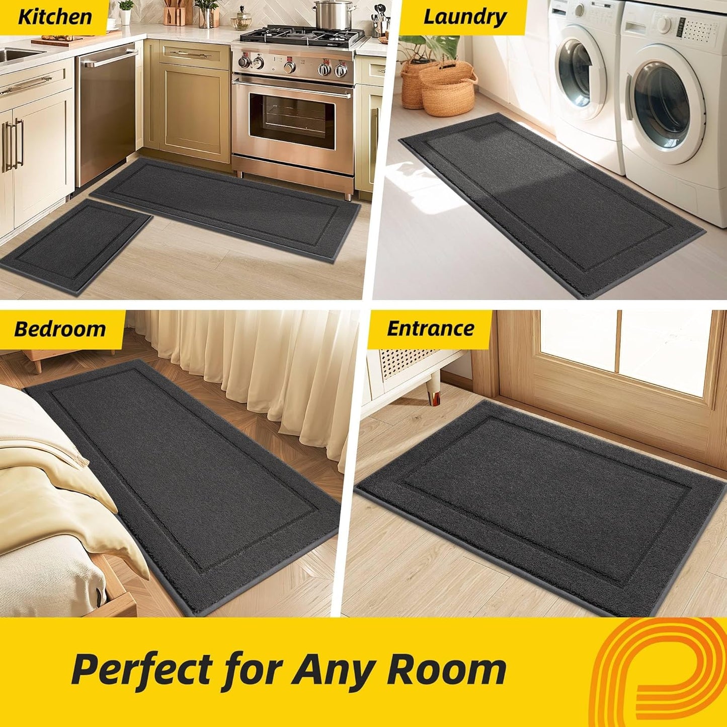 JSEI Non-Slip Kitchen Mats, Self Adhesive No Sliding Kitchen Rugs Set of 2, Washable Absorbent Floor Mat for Kitchen, Bathroom, Laundry Room, Bedroom, 20”x32”+20”x48”, Dark Grey, Rectangular Pattern