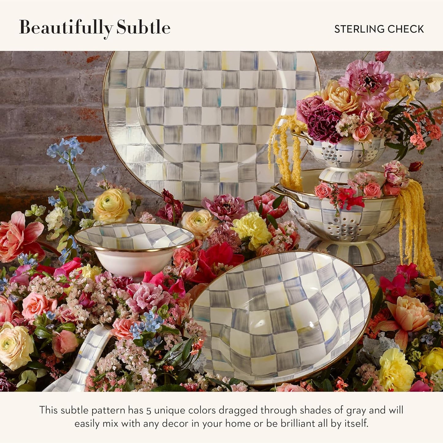 MACKENZIE-CHILDS Enamel Serving Bowl, Enamel Serveware Bowl, 12 Inches, Gray-and-White Sterling Check