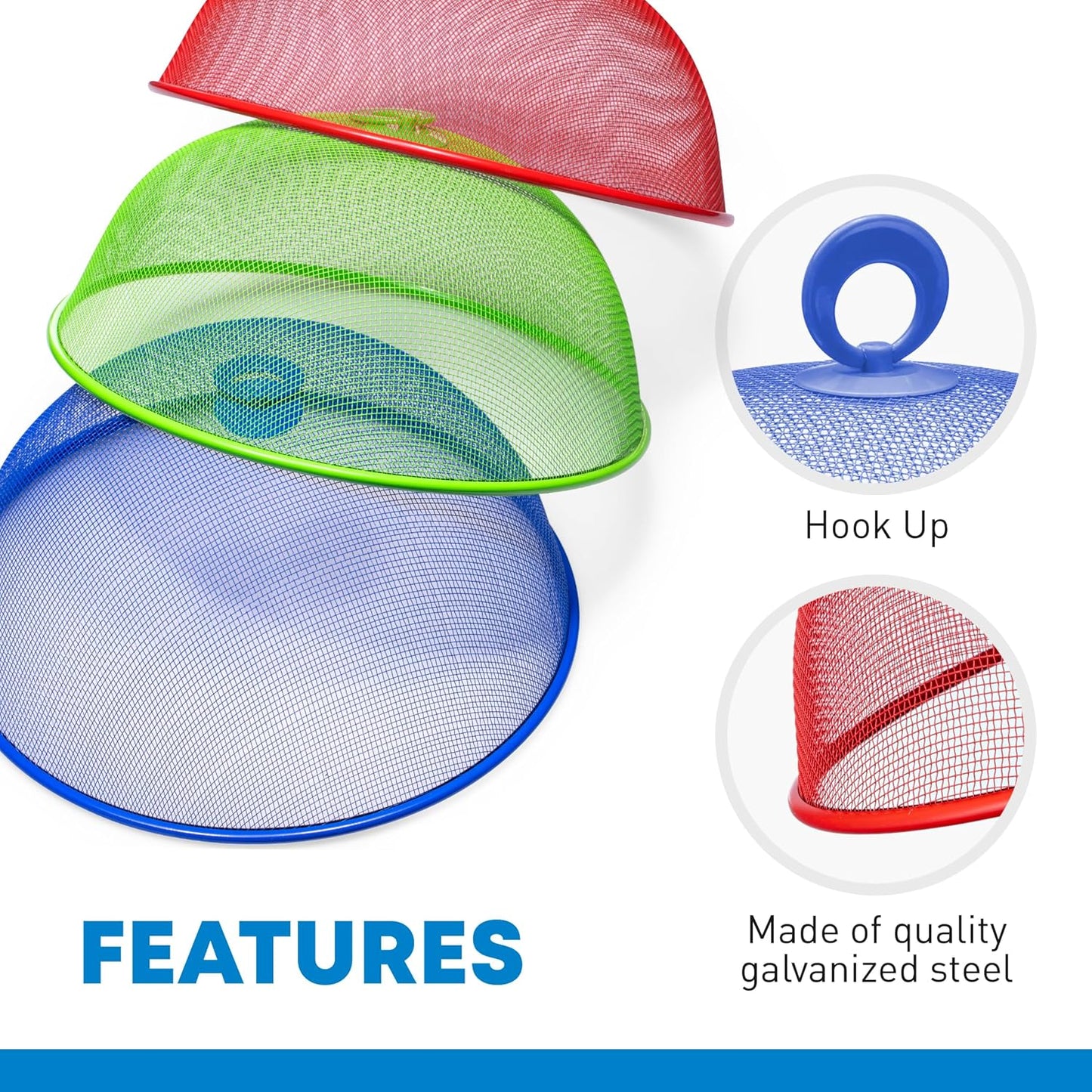 Metal Mesh Screen Food Cover Tent Umbrella, 10.75 inch, Reusable Outdoor Picnic Food Covers Mesh, Food Cover Net Keep Out Flies, Bugs, Mosquitoes (3 Pack, Green Blue Red)