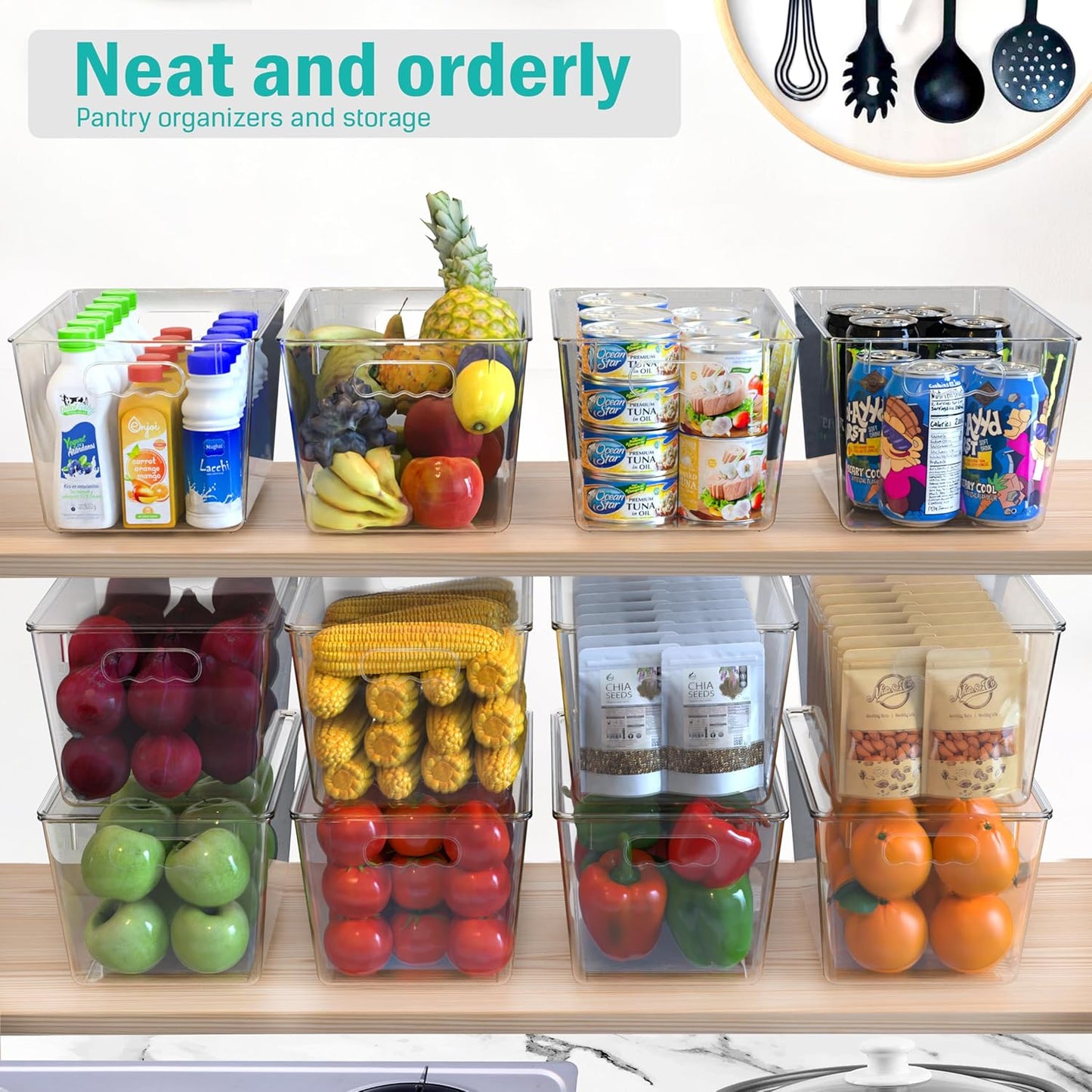 YAN & HIN 4 pcs/set Large Clear Storage Bins with Lids - Stackable, Transparent Pantry Storage with Handles - Nest Nicely for Clutter Organizer (11 "L x 7.5" W x 6.1 "H)