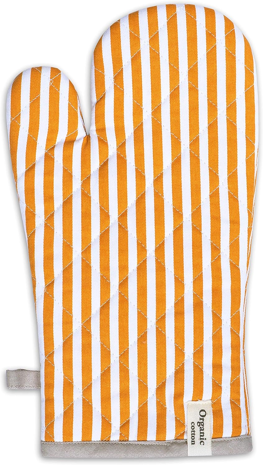 AMOUR INFINI Striped Pot Holders and Oven Mitts Heat Resistant Non Slip Reusable Set of 1 Oven Mitt and 1 Pot Holder Oven Gloves Pot Holder for Cooking (Yelllow)