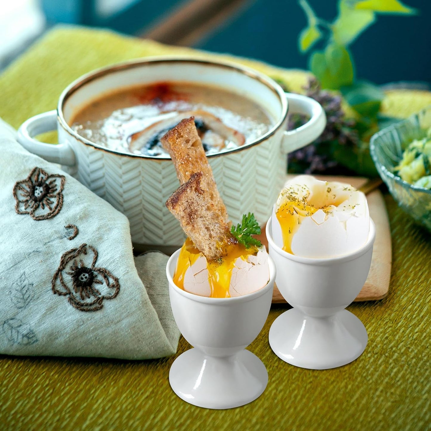 Cinf Ceramic Egg Cup Set of 2 White Porcelain Holder Breakfast Boiled Cooking Easy to Clean Childhood Memories Kitchen