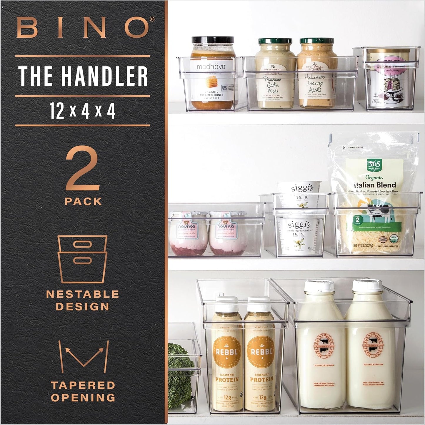 BINO | Plastic Storage Bins, Small - Shallow | THE HANDLER COLLECTION | Multipurpose Organizer Bins | Kitchen Pantry Organizers and Storage | Clear Containers for Organizing Home | Freezer Organizer