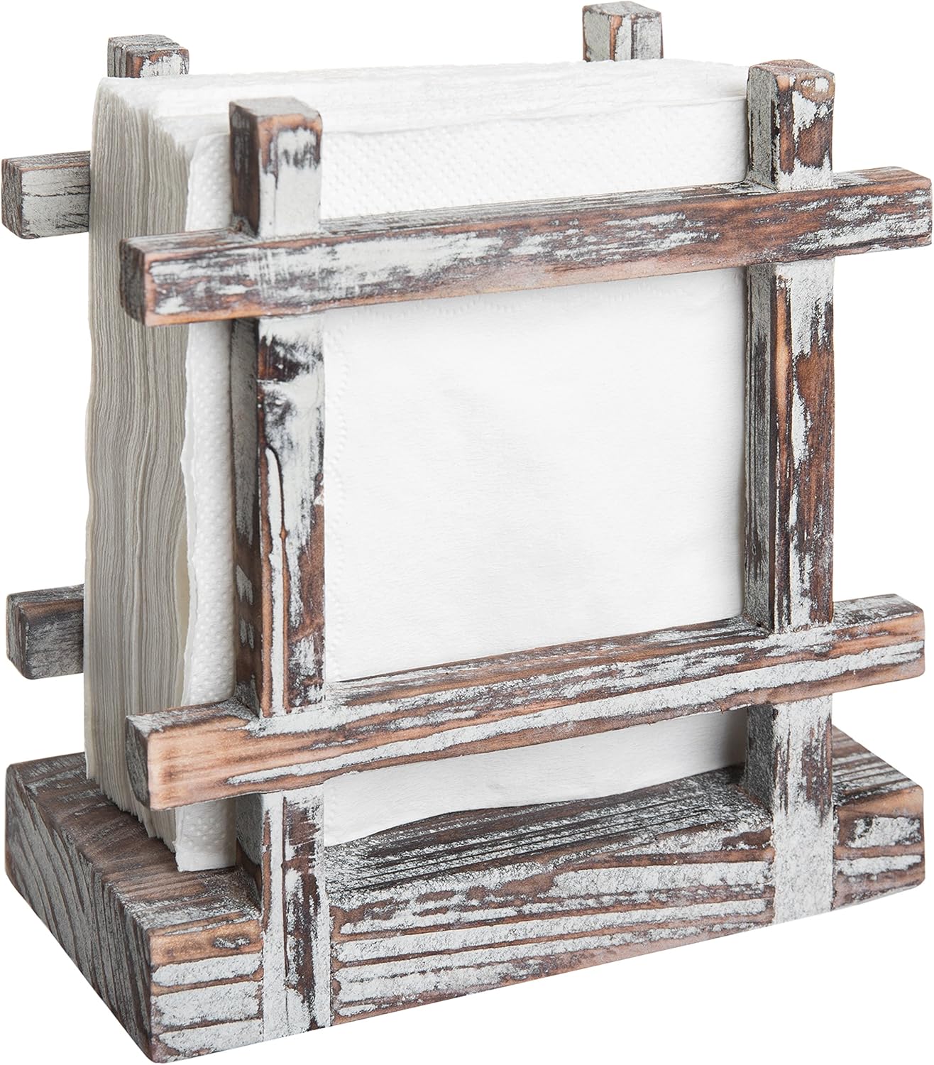 MyGift Farmhouse Rustic Torched Wood Napkin Holder for Table with Cross-Corner Design