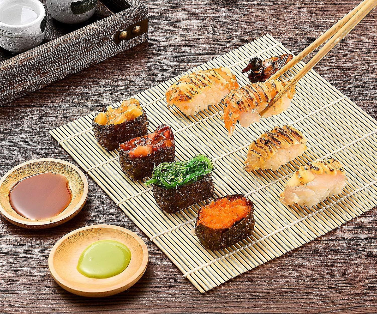 No Plastic Bamboo Sushi Making Kit, Sushi Roller, 2 Bamboo Sushi Rolling Mats, 5 Pairs Chopsticks, Sauce Dish & More - Natural Sushi Maker Set for Beginners DIY Sushi at Home