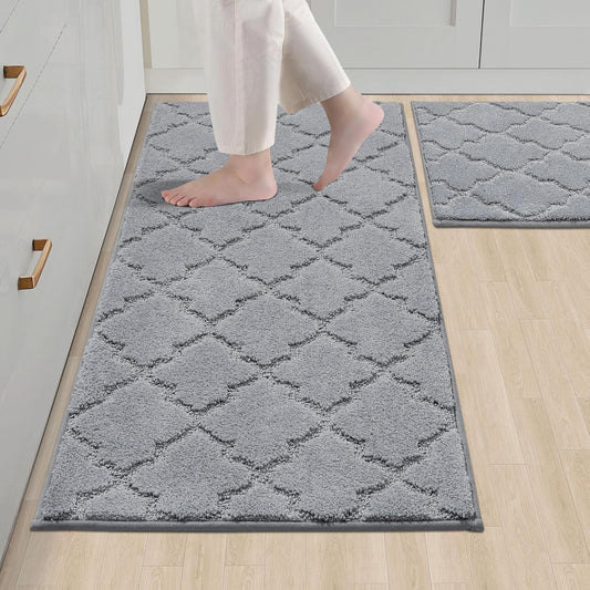 COSY HOMEER Soft Kitchen Rugs [2 PCS] for in Front of Sink Super Absorbent Kitchen Floor Mats and Mats 20x30 Inch/20X48 Non-Skid Kitchen Mat Standing Mat Washable,Polyester,Grey