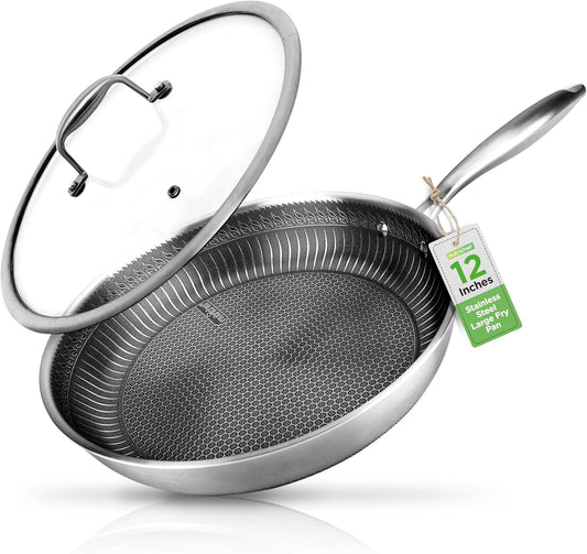 NutriChef 12" Stainless Steel Frying Pan - Triply Hybrid Skillet w/DAKIN Etching Non-Stick Coating, Scratch-resistant Raised-up Honeycomb Fire Textured Pattern, NC3PL12