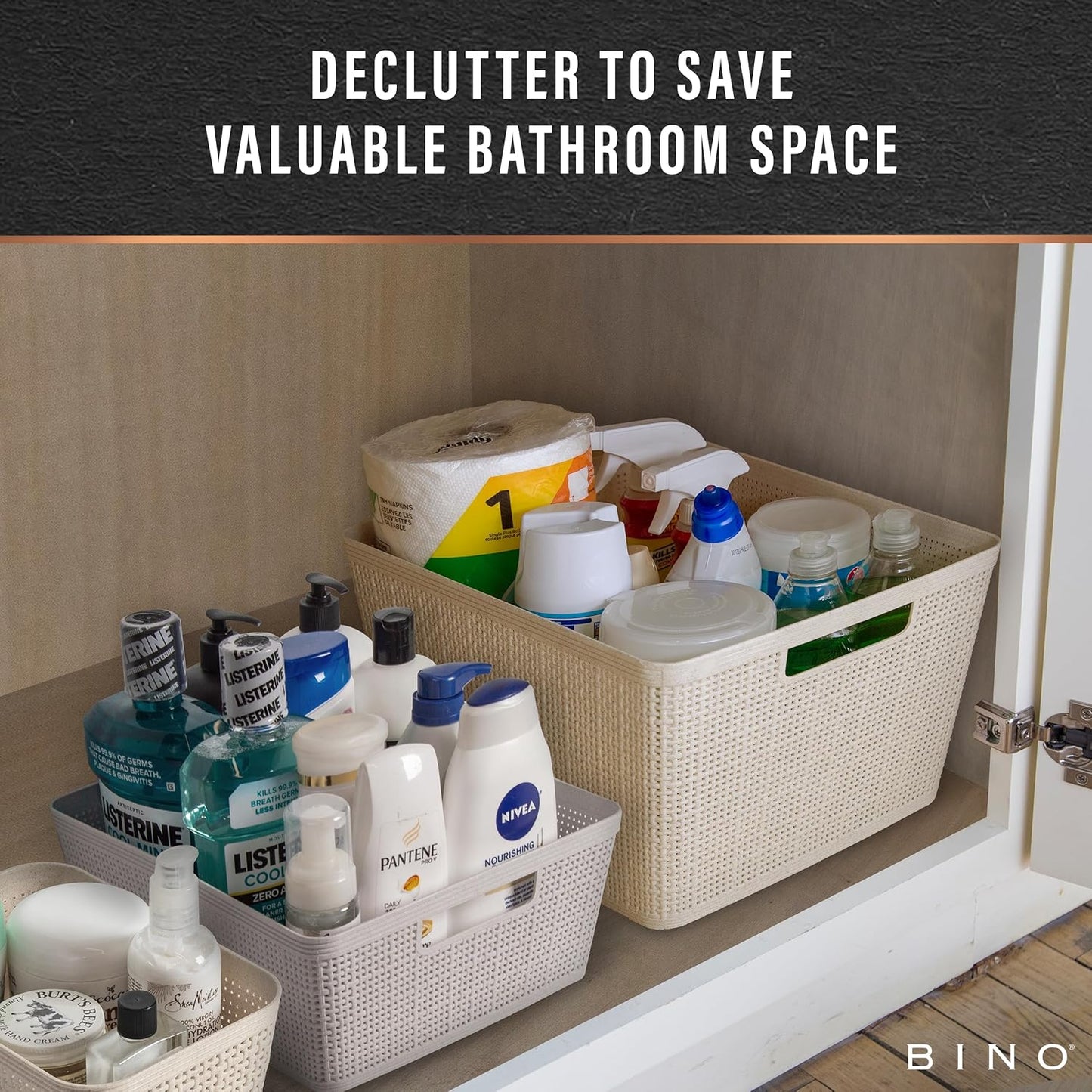 BINO Woven Plastic Basket | Large (Natural), 3-Pack | THE JUTE COLLECTION | Home Organization, Space-Saving Storage, Stylish Design | Plastic Storage Basket