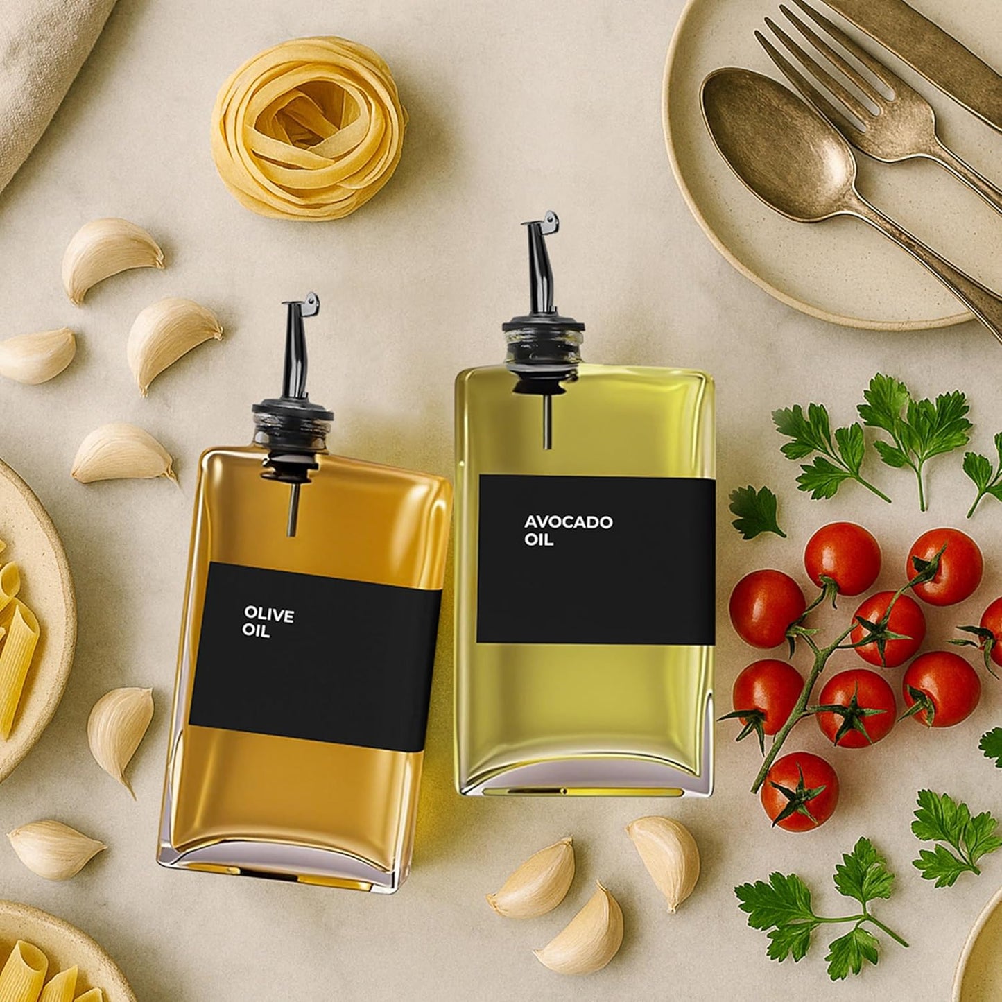 Olive Oil Dispenser Bottle - Includes 44 Kitchen Essential Labels - Cooking Oil Bottles for Kitchen, Coffee Syrup Dispenser - Pourer Spout with 11.8 fl oz Glass Container Cruet - 4pcs, Black