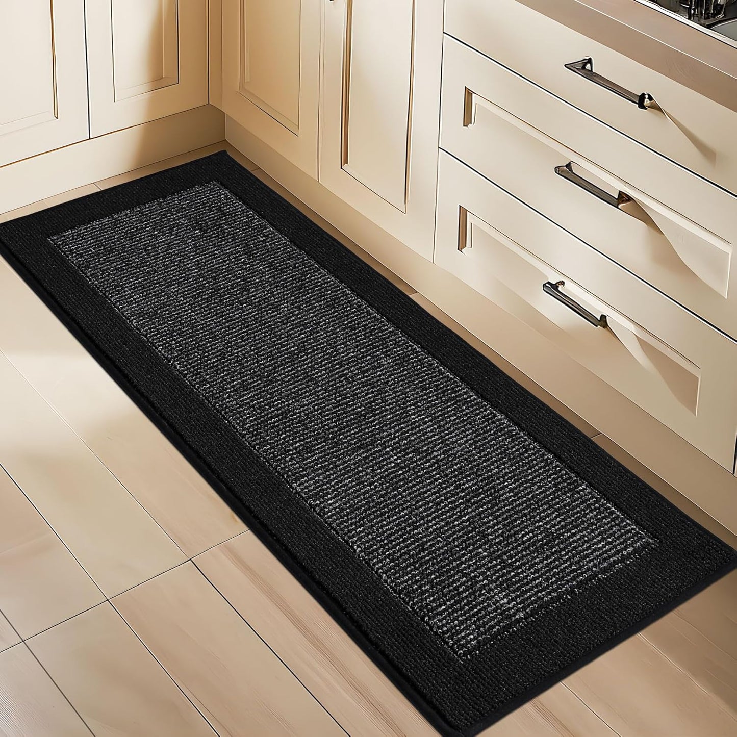 BEQHAUSE Kitchen Runner Rugs 24"x60", Kitchen Rugs Non-Slip Kitchen Mats for Floor, Absorbent and Stain Resistant Kitchen Mats, Machine Washable Rug for Kitchen, Hallway, Laundry & Sink, Black
