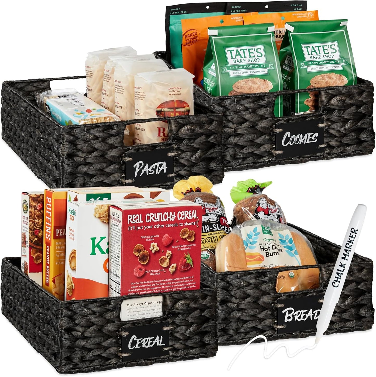 Best Choice Products Set of 4 16x12in Large Water Hyacinth Pantry Baskets, Woven Organizers w/Chalkboard Label, Chalk Marker - Black