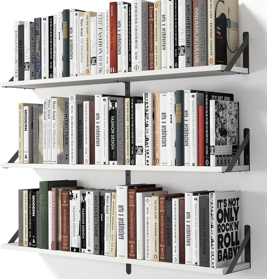 Heimlove Floating Shelves for Wall, 36 Inch Long Wood Floating Bookshelf Set of 3, Wall Mounted Hanging Shelf for Bathroom Bedroom Kitchen, White