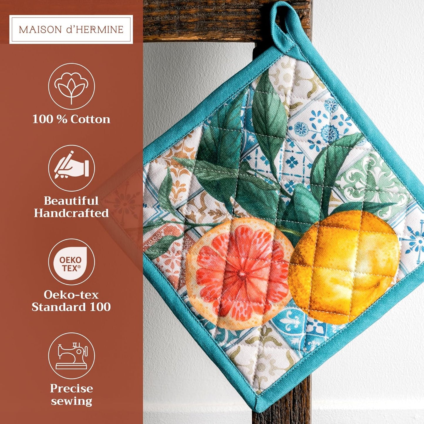 Maison d' Hermine Pot Holders Set 100% Cotton Heat Resistant Potholders 8" x 8" Hot Pads with Loop BBQ, Cooking, Baking, Grilling, Kitchen, Handling Hot Pans Spring/Summer (Pack of 2, Agrume)