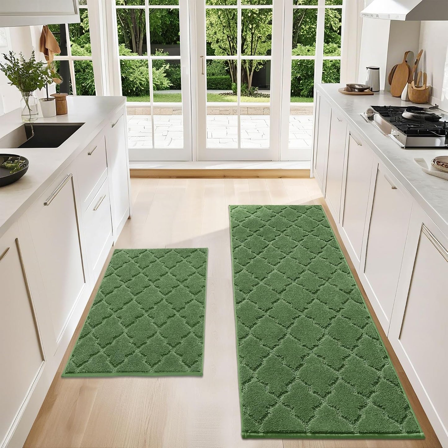 COSY HOMEER Soft Kitchen Rugs [2 PCS] for in Front of Sink Super Absorbent Kitchen Floor Mats and Mats 24x35 Inch/24X60 Non-Skid Kitchen Mat Standing Mat Washable,Polyester,Green