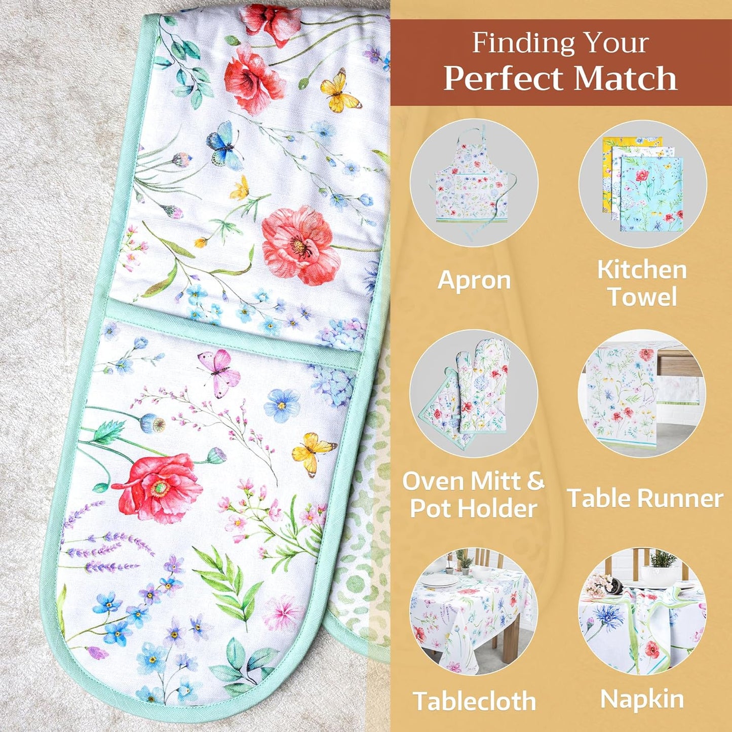 Maison d' Hermine Double Oven Mitts 100% Cotton 7"x35" Double Oven Mitt Heat Resistant BBQ Cooking Gloves with Loop, Baking, Grilling, Home, Kitchen, Handling Hot Pans Spring Summer (Just Floral).