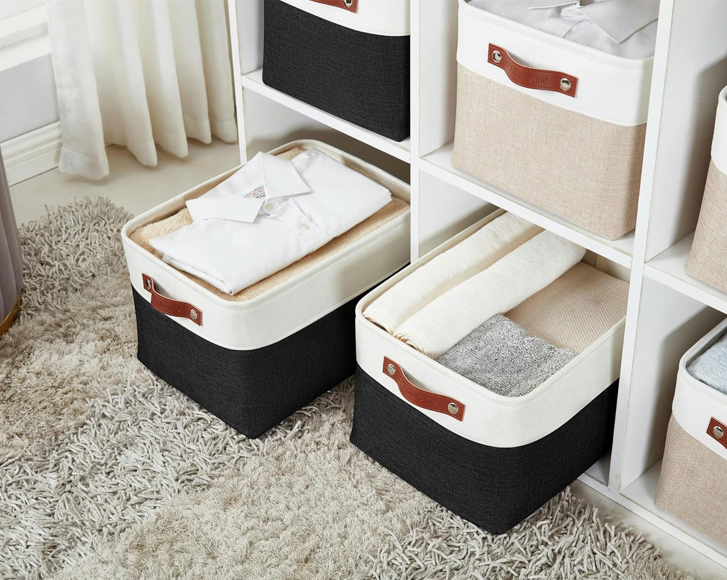 DECOMOMO Storage Baskets for Shelves - Fabric Storage Bins, Linen Closet Organizers and Storage (Black & White, XL - 3 Pack)
