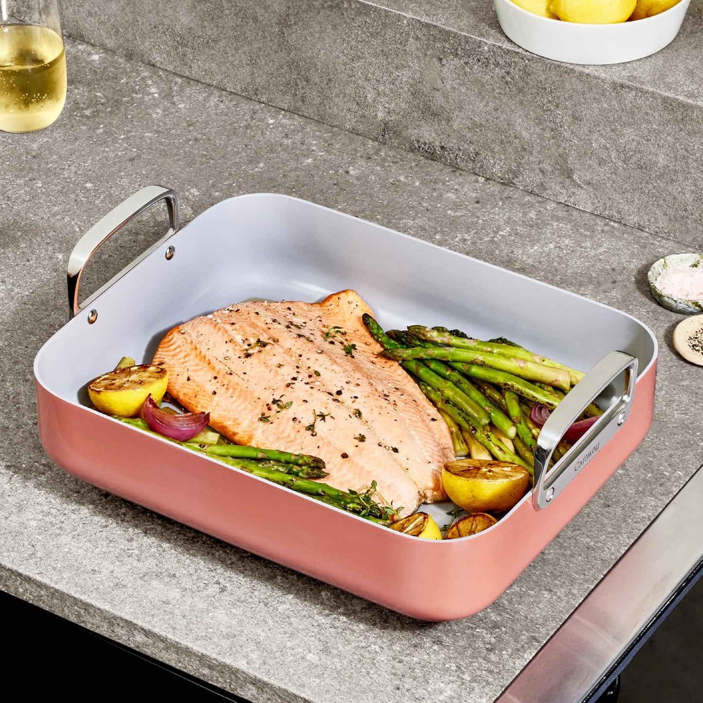 Caraway Roasting Pan - 16x13” Roasting Pan with Rack - Non-Stick Ceramic Coated - Non Toxic, PTFE & PFOA Free - Oven Safe & Compatible with All Stovetops - White