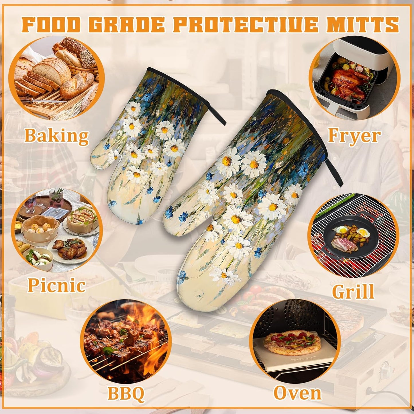 Vintage Daisy Flower Oven Mitts and Pot Holders,Heat Resistant Oven Mitts Gloves and Pot Holder for Home Kitchen Decorations Cooking Baking BBQ Gifts,Set of 4