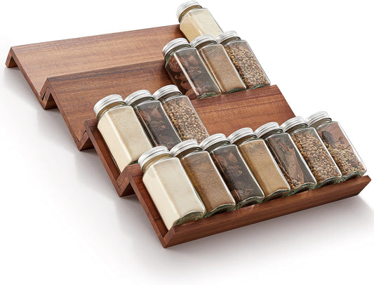 Tinamo Wood Spice Drawer Organizer - Acacia Wooden Tray Spice Racks Organizer for Cabinet Storage Shelf - 4 Tier Spice Rack for Drawer 32 Jars (Pack 4)