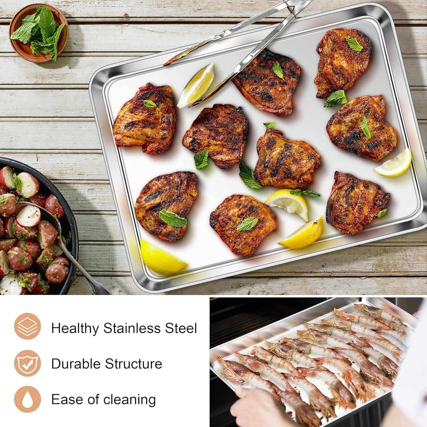 E-far Baking Sheets Set of 2, 16” x12” Stainless Steel Cookie Sheets Pans for Oven, Non-toxic Metal Trays for Baking Cake Cookie, Healthy & Rust Free, Mirror Finish & Dishwasher Safe