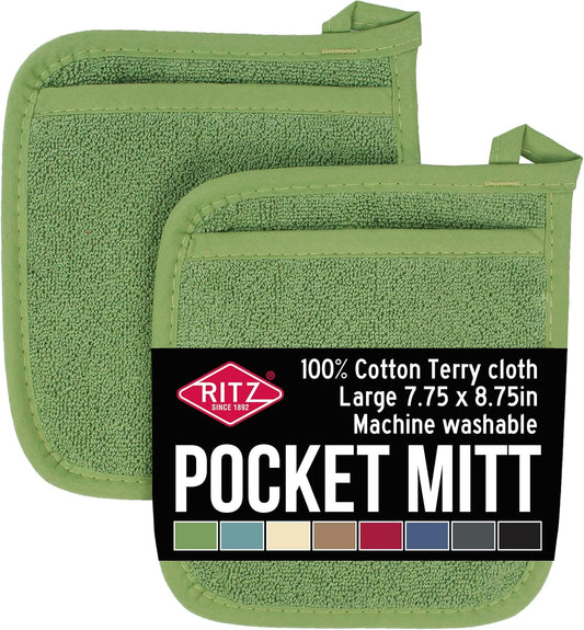 RITZ Terry Pocket Mitt & Hot Pad: Unparalleled Heat Resistant, Durable 100% Cotton – Ergonomically Designed for Optimal Grip – Easy-Care Machine Washable – 2-Pack, Cactus