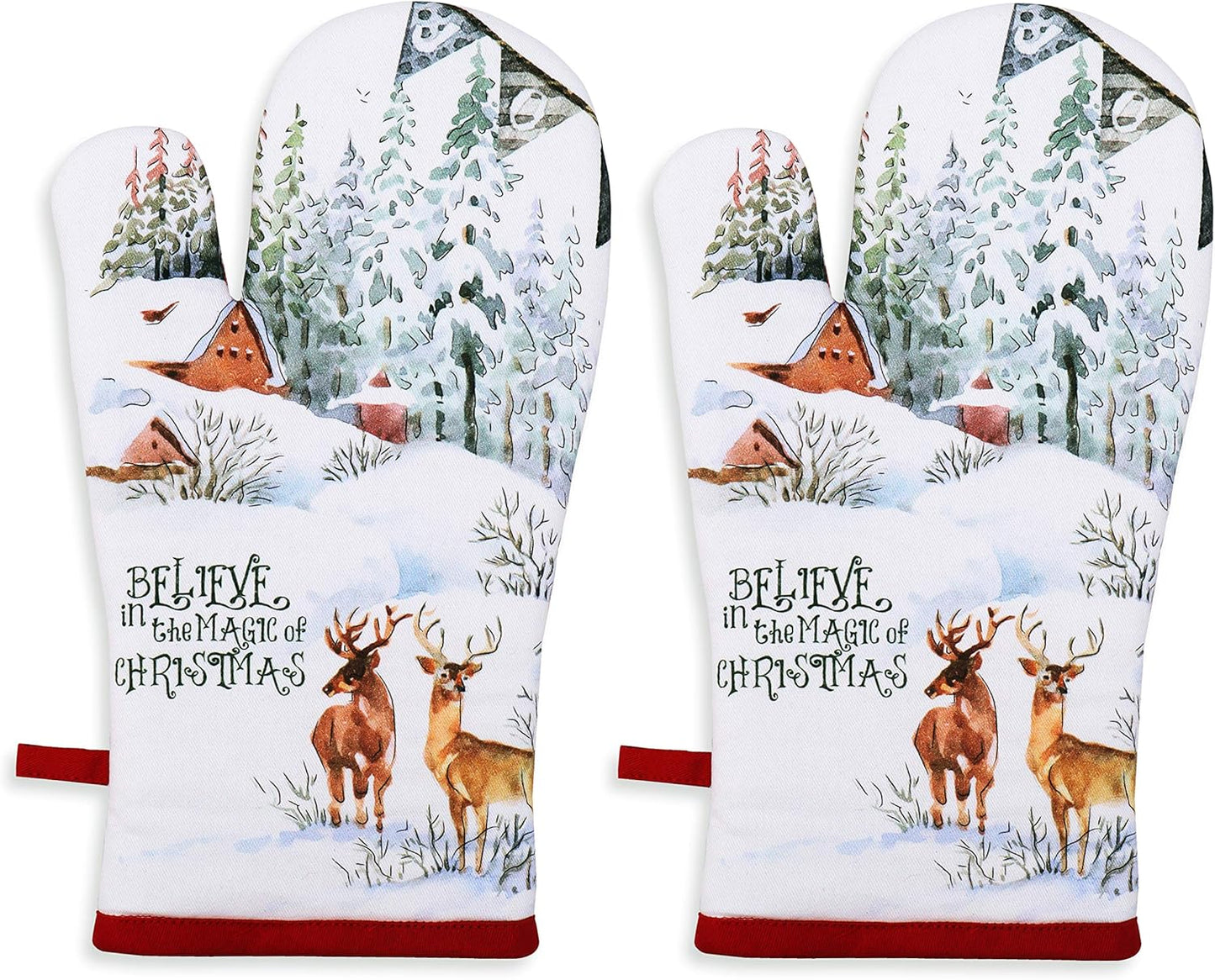 AMOUR INFINI Oven Mitts Set of 1 Quilted Liner with Hanging Loop Non Slip, Heat Resistant, Washable Reusable Oven Mitt Gifts (Christmas Winter 7x13 Inches)