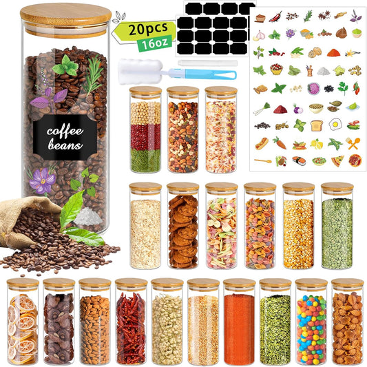 16 oz 20 pcs Glass Jars with Bamboo Lids, Stackable Clear Food Storage Jars, Airtight Kichen Glass Pantry Storage Containers with Lids for Rice, Candy, Sugar, Flour, Nuts, Cookie, Spice