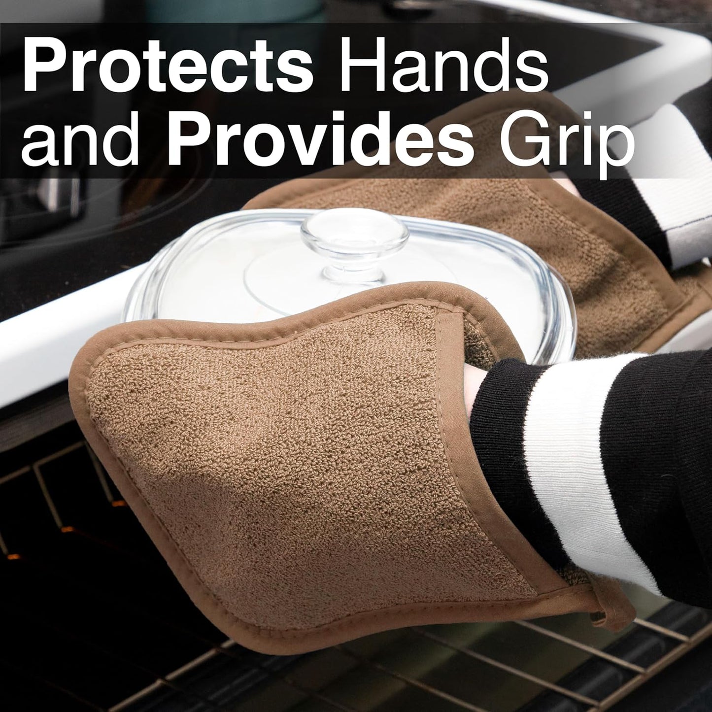 RITZ Terry Pocket Mitt & Hot Pad: Unparalleled Heat Resistant, Durable 100% Cotton,Ergonomically Designed for Optimal Grip, Easy-Care Machine Washable 4-Pack, Mocha Brown