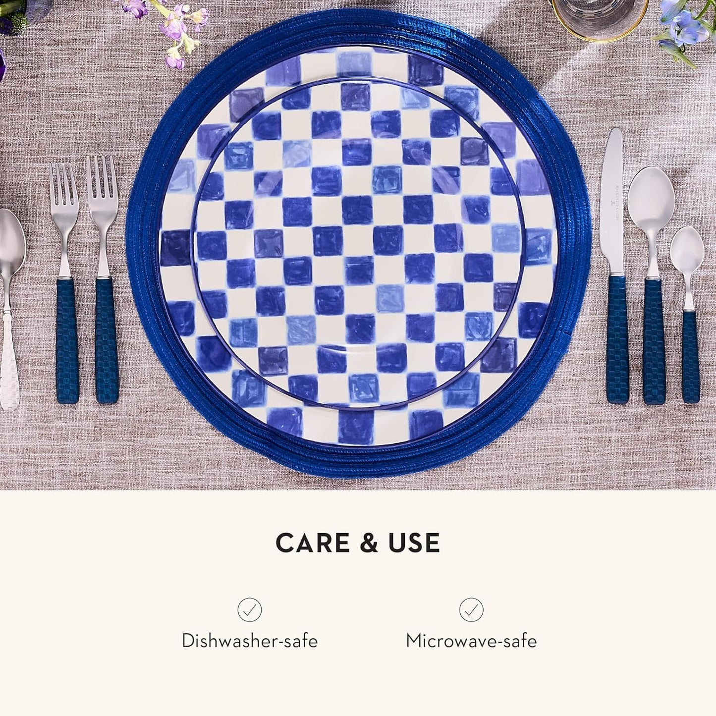 MACKENZIE-CHILDS Round Platter, Dishwasher-Safe and Microwave-Safe Stoneware Serving Platter, Indigo Check