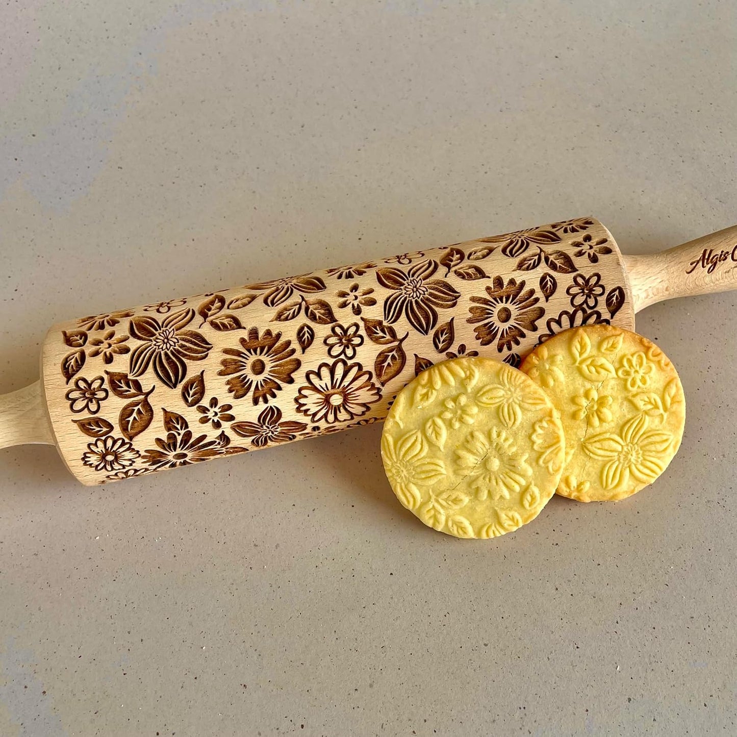 FLOWER MIX Embossing Rolling Pin with Flowers Pattern. Dough and Clay Roller for Embossed Cookies and Pottery. Cookie and Ceramic Stamp. Backing Gifts for Women by Algis Crafts